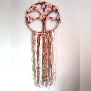 Boho wall hanging dream catcher "Rose tree and twinkle lights "